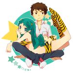  1girl angry animal_print aqua_eyes brown_eyes brown_hair frown green_hair horns lum moroboshi_ataru oni star taraku tiger_print urusei_yatsura 