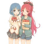  apple awakumo bag blue_eyes blue_hair bow collarbone denim denim_shorts food fruit hair_bow hand_in_pocket long_hair mahou_shoujo_madoka_magica miki_sayaka mouth_hold multiple_girls navel open_mouth paper_bag pocky ponytail red_eyes red_hair sakura_kyouko school_uniform short_hair shorts skirt 