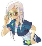  albino argyle belt bent_over bracelet clover dosanko four-leaf_clover glasses green-framed_eyewear jewelry lapel_pin leaning_forward original red_eyes solo white_hair 