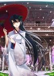  architecture black_hair brown_eyes din_(flypaper) east_asian_architecture japanese_clothes kimono long_hair looking_away open_mouth oriental_umbrella original petals solo umbrella wind 