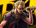  angry bad_id bad_pixiv_id blonde_hair blood bruise bullet chair choumoku_(toriko_b_c) copyright_name ear_piercing fire injury jacket jacket_on_shoulders looking_at_viewer male_focus muscle nosebleed open_mouth persona persona_4 piercing shirt skull sleeveless sleeveless_shirt solo standing sunglasses tatsumi_kanji upper_body widow's_peak yellow_eyes 