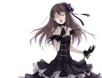  arm_garter bad_id bad_pixiv_id bare_shoulders black_dress black_gloves black_gothic_dress_(idolmaster) breasts brown_hair cleavage closed_eyes dress flower gloves hair_flower hair_ornament idolmaster idolmaster_cinderella_girls long_hair medium_breasts microphone music open_mouth rage_(rojiura) shibuya_rin simple_background singing solo strapless strapless_dress white_background 