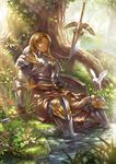  animal animal_on_shoulder armor bird bird_on_shoulder brown_hair closed_eyes dappled_sunlight day flower food forest fruit full_armor gauntlets grass guchico highres leaning_back light_rays nature on_ground original plant planted_sword planted_weapon roots shield sitting sleeping sleeping_upright soaking_feet solo strawberry sunbeam sunlight sword tree tree_shade under_tree vines water weapon 