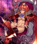  abs antennae beelzebub black_legwear blue_eyes boots bottomless breasts cape chair compound_eyes crossed_legs crown dark_skin demon_girl gauntlets greaves heart highres horns houtengeki large_breasts long_hair monster monster_girl navel original purple_eyes red_hair shiny shiny_skin sitting solo thighhighs throne underboob 