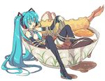  aqua_hair blue_eyes boots detached_sleeves dosanko egg flat_chest food hatsune_miku in_bowl in_container in_food long_hair minigirl necktie nipples noodles open_clothes open_mouth open_shirt pixel_art shirt soba solo tempura thigh_boots thighhighs vocaloid 