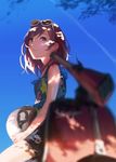  bad_id bad_pixiv_id bare_shoulders blurry cloud condensation_trail dappled_sunlight day depth_of_field ekao eyewear_on_head goggles ground_vehicle helmet long_hair looking_away looking_up love_live! love_live!_school_idol_project motor_vehicle motorcycle nishikino_maki open_mouth parted_lips purple_eyes red_hair sky solo sunglasses sunlight tree_shade 