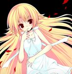  bare_shoulders blonde_hair blood blood_in_mouth dress long_hair monogatari_(series) nisemonogatari niwaka_yuan oshino_shinobu red_eyes smile solo 