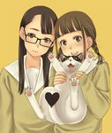  :d bangs black_hair braid brown_eyes brown_hair cat glasses head_tilt heart holding long_hair looking_at_viewer luna2 multiple_girls open_mouth original school_uniform simple_background smile twin_braids upper_body yellow_background 