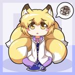  animal_ears bad_id bad_pixiv_id blonde_hair blush_stickers chibi child commentary dress eyebrows eyebrows_visible_through_hair eyes_visible_through_hair fox_ears fox_tail frilled_shirt_collar frills large_buttons long_sleeves mesou-san multiple_tails no_hat no_headwear open_mouth oversized_clothes short_hair sitting sleeves_past_wrists solo speech_bubble spoken_squiggle squiggle tabard tail touhou v_arms white_dress yakumo_ran yellow_eyes 