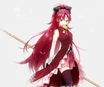  elbow_gloves food gloves hair_ribbon lance long_hair magical_girl mahou_shoujo_madoka_magica mouth_hold polearm red_eyes red_hair ribbon sakura_kyouko solo taiyaki thighhighs urahara wagashi weapon 