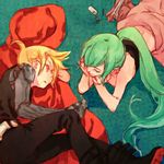  1girl artist_request automail blonde_hair cosplay edward_elric edward_elric_(cosplay) fullmetal_alchemist green_hair hatsune_miku kagamine_len long_hair lowres lying mechanical_arm on_side on_stomach vocaloid winry_rockbell winry_rockbell_(cosplay) wrench 