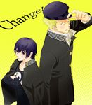  1girl androgynous bad_id bad_pixiv_id blazer blonde_hair blue_hair blush cabbie_hat cosplay crossed_arms hat jacket jewelry looking_at_viewer necklace okiku_(ape_dos) persona persona_4 reverse_trap school_uniform shirogane_naoto shirogane_naoto_(cosplay) short_hair skull tatsumi_kanji tatsumi_kanji_(cosplay) 