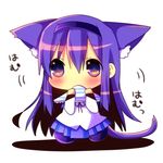  akemi_homura animal_ears blush cat_ears cat_tail chibi chocolat_(momoiro_piano) commentary covering_mouth extra_ears hairband kemonomimi_mode long_hair mahou_shoujo_madoka_magica mouth_hold panties panties_in_mouth pantyhose purple_eyes purple_hair shirt sitting skirt solo striped tail translated underwear 