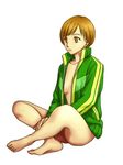 ass bad_id bad_pixiv_id barefoot bottomless breasts brown_eyes brown_hair coat expressionless full_body hatariro indian_style jacket legs looking_away medium_breasts naked_track_jacket open_clothes open_coat open_jacket persona persona_4 satonaka_chie short_hair sideboob simple_background sitting solo track_jacket white_background 