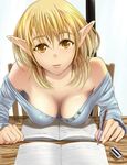 bare_shoulders breasts cleavage copyright_request downblouse elf eraser highres light_smile mechanical_pencil medium_breasts notebook pencil pointy_ears pov shiny shiny_skin solo xxtisatoxx 