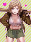  america_(hetalia) axis_powers_hetalia bad_id bad_pixiv_id baseball_bat bikini_top blonde_hair blue_eyes breasts cleavage front-tie_top genderswap genderswap_(mtf) gloves hand_on_hip heart jacket large_breasts looking_at_viewer midriff navel pleated_skirt popompon shirt skirt smile solo star tied_shirt 