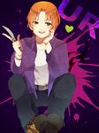  animal_print black_eyes command_spell earrings fate/zero fate_(series) jacket jewelry leopard_print male_focus maon_(hikouya) orange_hair purple_jacket scalpel shoes sneakers solo uryuu_ryuunosuke 