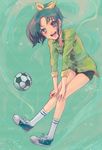  bad_id bad_pixiv_id ball blush eyelashes green_eyes green_hair green_shirt highres midorikawa_nao nagura open_mouth ponytail precure shirt short_hair shorts sleeves_rolled_up smile smile_precure! soccer_ball solo telstar 