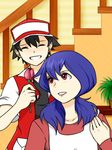  1girl baseball_cap black_hair blue_hair emcee flower hat holding holding_flower mother_(pokemon) mother_and_son pokemon pokemon_(game) pokemon_rgby red_(pokemon) red_(pokemon_rgby) 