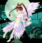  amano_nene angel_wings bad_id bad_pixiv_id bare_shoulders barefoot brown_hair digimon digimon_xros_wars feathers halo high_ponytail long_hair luminamon midriff navel open_mouth purple_eyes ruka192 single_wing smile split_ponytail wings 