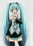  aqua_eyes aqua_hair bad_id bad_pixiv_id bare_shoulders blush detached_sleeves hand_on_own_chest haruyukiko hatsune_miku long_hair necktie open_mouth skirt solo thighhighs twintails very_long_hair vocaloid 