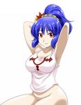  alternate_costume alternate_hairstyle armpits bare_shoulders blue_hair bottomless breasts cleavage hair_up hairband hand_behind_head iwatobi_hiro large_breasts leaf naked_shirt ponytail red_eyes shirt solo tank_top touhou yasaka_kanako 