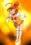  ;d ahoge boots choker cure_sunny detached_sleeves eyelashes ez6 fiery_background fire hino_akane_(smile_precure!) looking_at_viewer magical_girl miniskirt one_eye_closed open_mouth orange_(color) orange_choker orange_skirt precure red_eyes red_hair skirt smile smile_precure! solo thigh_boots thighhighs tiara 