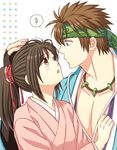  1girl :o blue_eyes blush brown_eyes brown_hair couple hakuouki_shinsengumi_kitan headband hetero hitomi_aki japanese_clothes jewelry long_hair nagakura_shinpachi necklace open_mouth ponytail short_hair yukimura_chizuru 