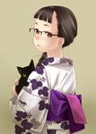  animal bangs black_cat black_eyes black_hair braid cat from_behind furisode glasses hair_over_shoulder japanese_clothes kimono long_hair looking_back luna2 obi original sash simple_background single_braid smile solo 