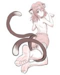 animal_ears ass back barefoot bloomers blush brown_eyes brown_hair cat_ears cat_tail chen earrings feet foreshortening hat highres jewelry kuro_suto_sukii looking_back monochrome multiple_tails one_eye_closed perspective pov_feet short_hair sketch smile soles solo tail toe_scrunch toes topless touhou underwear underwear_only 