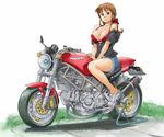  bow bra breasts cleavage cutoffs denim denim_shorts ducati engine exhaust grass green_eyes ground_vehicle isomoto_tsuyoshi large_breasts lingerie motor_vehicle motorcycle no_socks off_shoulder original red_hair shoes short_shorts shorts sleeves_pushed_up sneakers solo tiles tire underwear 