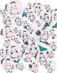  1girl :&lt; :d :t =_= ? absurdres anger_vein ascot bad_id bad_pixiv_id blue_eyes blush closed_eyes cup expressions finger_to_mouth from_side grin hairband heart henki_(orange) highres holding katana konpaku_youmu looking_up multiple_views one_eye_closed open_mouth pointing sigh silver_hair sitting smile snort sparkle sun sweatdrop sword table tea tears touhou wariza weapon white_background yawning zzz 