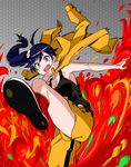  absurdres ahoge araragi_karen asymmetrical_hair bakemonogatari black_eyes black_hair fire fried_egg hair_ornament highres kicking kiyosumi_hurricane long_hair monogatari_(series) nisemonogatari open_mouth side_ponytail smile solo 