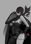  asymmetrical_clothes belt black_lipstick breasts catsuit chain claws demon_girl digimon digimon_adventure elbow_gloves gloves glowing glowing_eyes ladydevimon large_breasts leather_suit lipstick long_hair loose_belt makeup mouya_(sars) red_eyes silver_hair simple_background single_elbow_glove single_glove skull solo stitches torn_clothes 