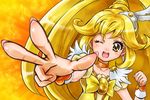  1girl ;d blonde_hair bow choker cure_peace eyelashes hair_flaps hair_ornament hairpin kise_yayoi long_hair magical_girl one_eye_closed open_mouth orange_background orange_choker precure smile smile_precure! solo v wide_ponytail yellow yellow_bow yellow_eyes 