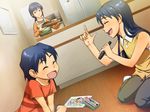  2girls arm_up blue_hair blush brother_and_sister chiaki_rakutarou child_drawing closed_eyes crayon drawing family idolmaster idolmaster_(classic) kisaragi_chigusa kisaragi_chihaya kisaragi_yuu_(idolmaster) marker microphone mother_and_daughter mother_and_son multiple_girls music open_mouth short_hair siblings singing smile 