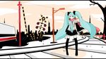  absurdres aqua_eyes cloud detached_sleeves hatsune_miku highres lamppost long_hair meneru railroad_tracks red_scarf road_sign scarf sign skirt sky solo thighhighs twintails vocaloid 