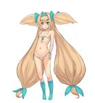  bikini blazblue blonde_hair chiwino long_hair looking_at_viewer low-tied_long_hair midriff navel platinum_the_trinity quad_tails socks swimsuit very_long_hair yellow_eyes 