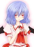  bat_wings blue_hair blush box dress gift gift_box holding no_hat no_headwear open_mouth red_eyes reg_(artist) remilia_scarlet ribbon short_hair simple_background solo sweatdrop touhou wings wrist_cuffs 