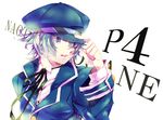  androgynous blue_eyes blue_hair cabbie_hat collar crossdressing hand_on_headwear hat jacket looking_away open_mouth persona persona_4 reverse_trap shirogane_naoto short_hair solo yoshian 