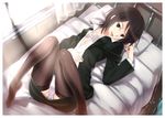 amagami bad_id bad_pixiv_id black_eyes bra brown_hair feet formal jacket jirou_(62sand3gemt9) lingerie lying miniskirt on_back on_bed open_clothes open_shirt panties pencil_skirt shirt skirt skirt_suit solo suit takahashi_maya thighhighs underwear 
