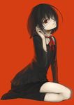  another arm_support black_hair black_legwear charimei eyepatch highres kneehighs leaning_forward looking_at_viewer misaki_mei no_shoes red_background red_eyes ribbon school_uniform seiza short_hair simple_background sitting solo 