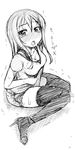  akino_sora blush greyscale have_to_pee highres looking_up monochrome original shorts sitting solo tears thighhighs trembling 