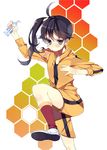  ahoge araragi_karen asymmetrical_hair black_eyes black_hair blush fried_egg hair_ornament honeycomb_(pattern) honeycomb_background hood hooded_track_jacket jacket kneehighs koba long_hair looking_at_viewer monogatari_(series) mouth_hold nisemonogatari red_legwear shoes shorts side_ponytail solo standing standing_on_one_leg toothbrush toothpaste track_jacket 