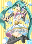  boots bridal_gauntlets dress green_eyes green_hair hatsune_miku headphones jumping long_hair looking_back microphone microphone_stand open_mouth panties skirt solo striped striped_background striped_panties t_shatsu thigh_boots thighhighs twintails underwear very_long_hair vocaloid 