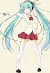  aqua_eyes aqua_hair bow bowtie digital_media_player hatsune_miku headphones highres long_hair open_mouth outstretched_arm pigeon-toed skirt solo thighhighs twintails very_long_hair vocaloid weeeeen white_legwear 