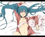  blue_eyes blue_hair blush breasts bunny censored convenient_censoring drooling from_above hatsune_miku heavy_breathing kurono_yuu letterboxed long_hair looking_at_viewer looking_up medium_breasts navel open_clothes open_mouth open_shirt saliva shirt solo stuffed_animal stuffed_bunny stuffed_toy sweat tears twintails very_long_hair vocaloid 