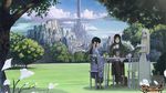  bad_id bad_pixiv_id black_hair chair character_request city cloud crossed_legs cup day domo1220 dress end_breaker! field flower grass japanese_clothes kimono long_hair multiple_girls scenery sitting sky standing table teacup tower tray tree white_hair 