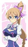  aquarion_(series) aquarion_evol blue_eyes blush braid breast_hold breasts brown_eyes cleavage crossed_arms glasses highres itamochi large_breasts long_hair mix_(aquarion) ponytail ribbon side_ponytail solo 