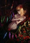  bad_id bad_pixiv_id blonde_hair candle coffin cross crossed_arms fang flandre_scarlet flower glowing glowing_eyes groin hair_flower hair_ornament lying navel no_hat no_headwear red_eyes red_flower red_rose rose solo topless touhou tuzki wings 